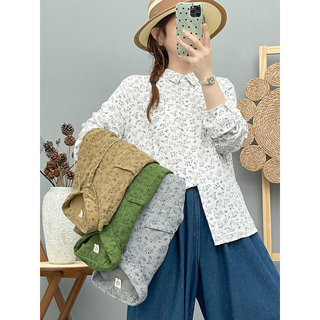 Áo sơ mi nữ cotton, họa tiết văn học cổ điển, thiết kế thoáng khí