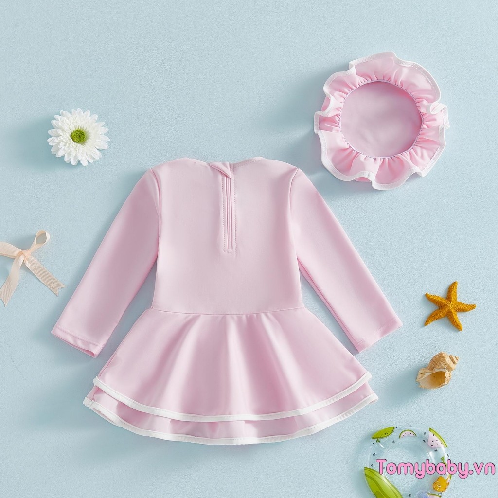 [lpDL] Đồ bơi Baby Girls Rash Guard Bộ đồ tắm phía trước nơ dài tay có mũ chống nắng