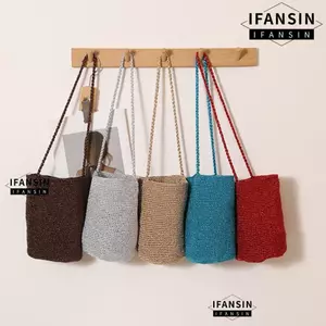 Túi xô dệt tay IFANSIN, Túi xô dây kim loại Boho dung tích lớn, Túi cói thiết kế ống hút thủ công màu trơn thông thường Bãi biển