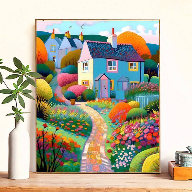 In vải phong cảnh thị trấn đầy màu sắc, Nghệ thuật kiến trúc đẹp thẩm mỹ, Tranh tường chống nước không khung, Trang trí nhà hiện đại cho phòng ngủ Phòng khách