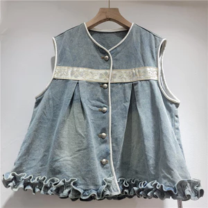 Mùa xuân hè 2026 áo vest denim cổ tròn phù hợp viền nấm rời