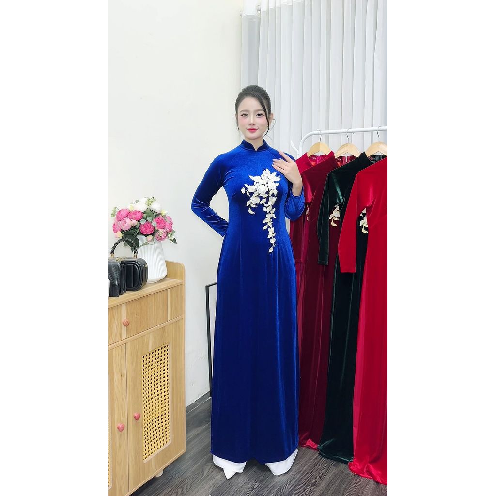 Áo dài truyền thống, Áo dài nhung thêu cho mẹ, Áo dài cổ trụ, Áo dài chất liệu nhung tuyết mềm mịn, Áo dài Thăng Long