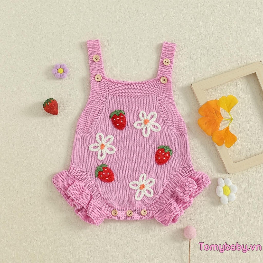Bé Gái Đan Áo Liền Quần Móc Hoa Dâu Tây Không Tay Cổ Vuông Jumpsuit