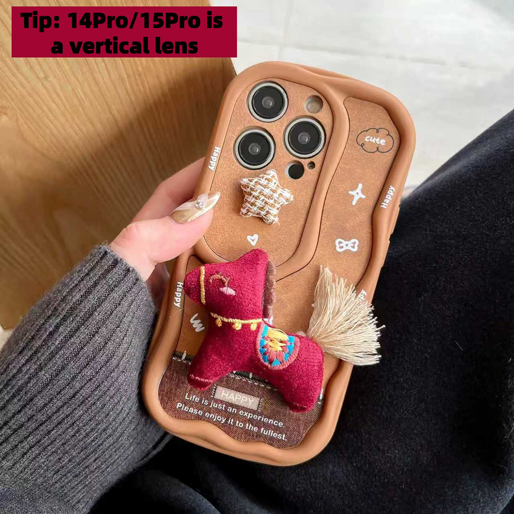 Ốp Điện Thoại Sóng 3D Ngựa Đỏ + Dây Buộc Cho iPhone 17 Pro Max 16 Plus 15 14 13 Vỏ Bảo Vệ Chống Sốc