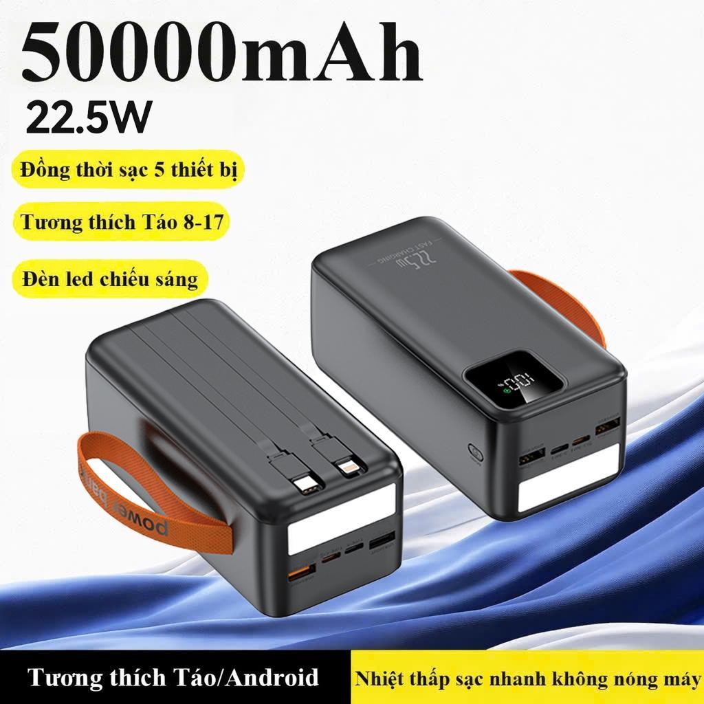 Sạc Dự Phòng 50000mAh Sạc Nhanh 22,5W - Có Đèn Led, Tích Hợp Dây Sạc Hỗ Trợ Sạc Nhiều Thiết Bị