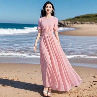 Váy dài mùa hè màu hồng thanh lịch, kiểu dáng bãi biển, chất liệu voan, ôm eo, dành cho nữ