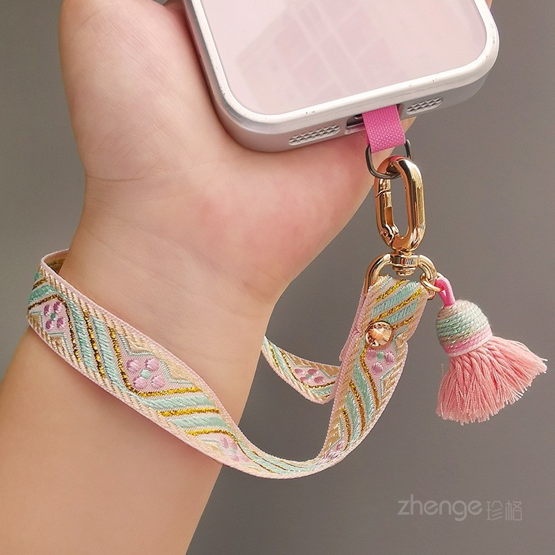 Điện Thoại Di Động Dây Nữ Cổ Tay Phong Cách Trung Hoa Họa Tiết Tua Rua Thêu Ruy Băng Mạ Vàng Cạnh Chủ Đề Đẹp Niche Tinh Tế