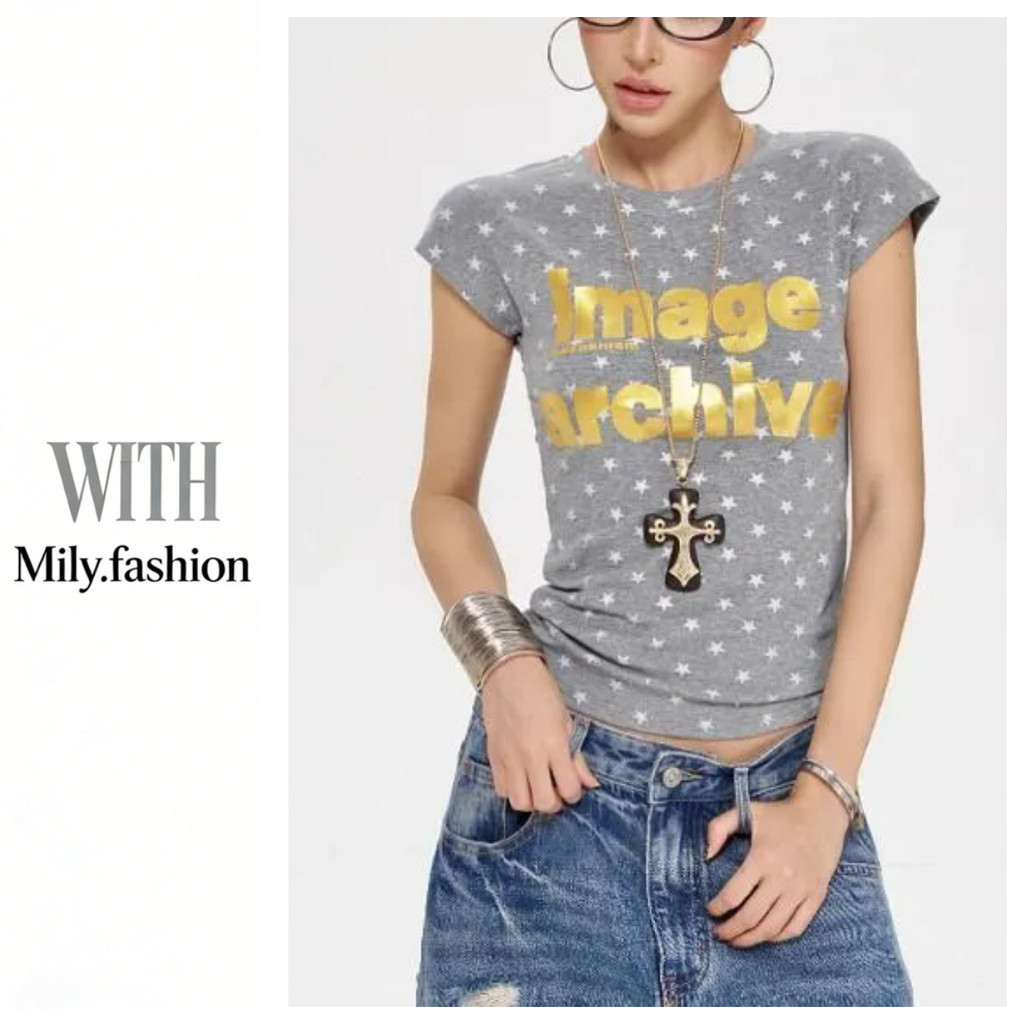 Milyfashion Slim-fit Slimmer Look Mùa Hè Phong Cách Mới Retro Chữ Ngôi Sao In Hình Ngắn Tay T Ngắn Top Bé tee Quần Áo Nữ