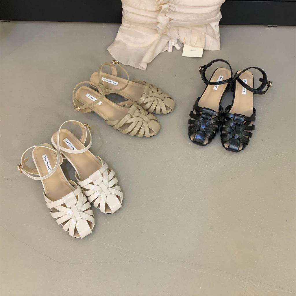 Giày Sandal Dệt TT Gót Dày Rỗng Đế La Mã Giày Nữ Da Thật Thời Trang