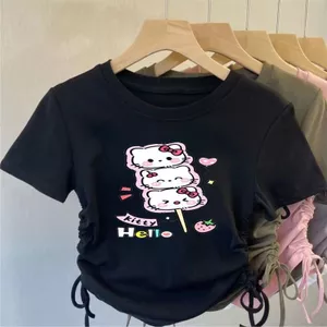 Áo thun ngắn tay dây rút đa năng in hình hoạt hình Hello Kitty có áo thun eo cinching