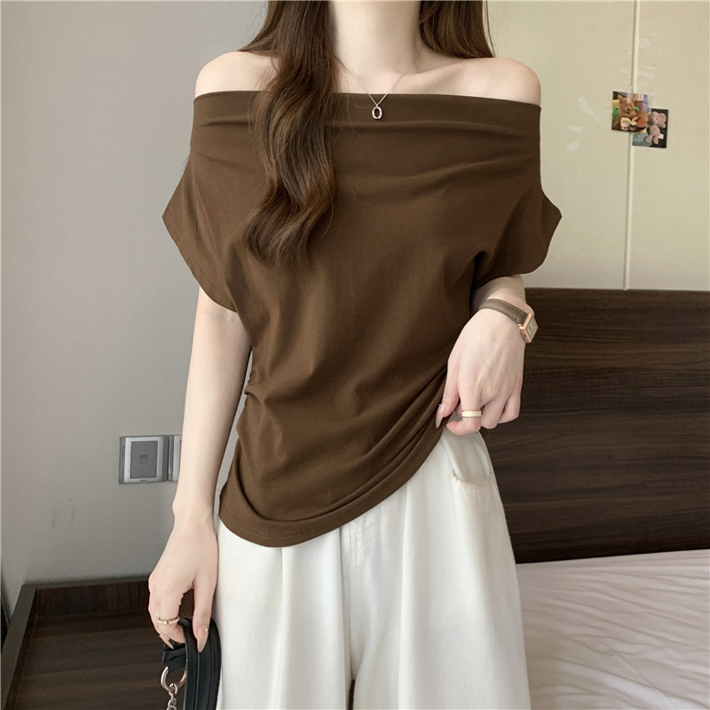 SUXI Áo thun lệch vai màu sắc đơn giản, phù hợp nữ mùa hè 260410
