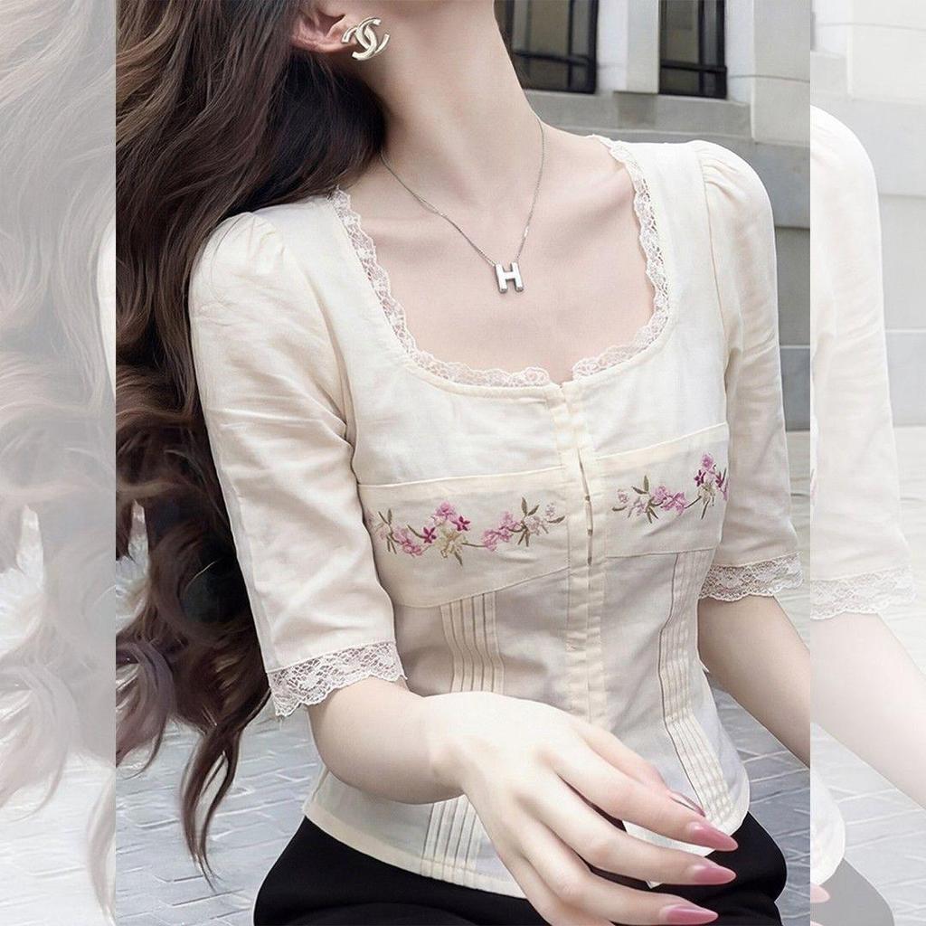 [Giảm giá trong thời gian có hạn] Áo thun ngắn tay thêu ren kiểu Pháp dành cho nữ mùa hè thon gọn hơn trông giảm tuổi Thiết kế thời trang Feel Be