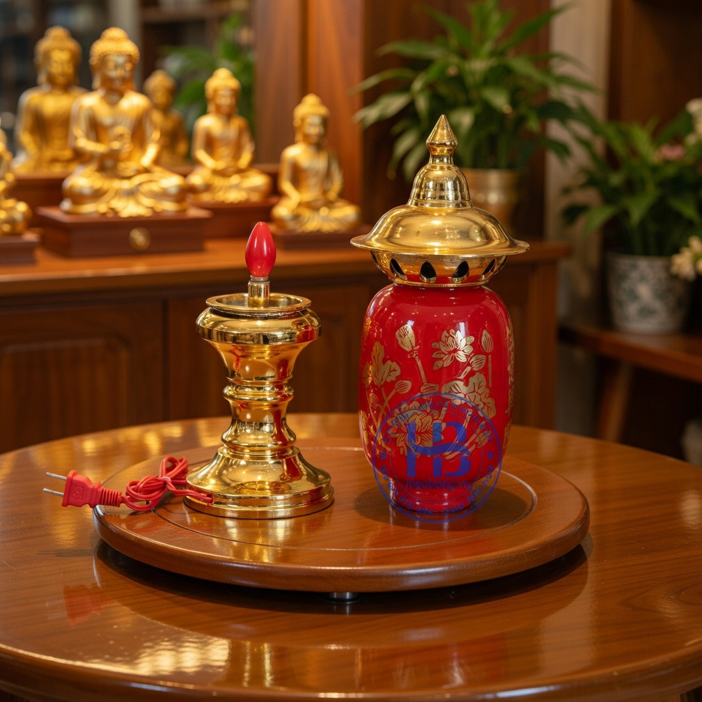 Cặp Đèn Thờ Phú Quý Cắm Điện - Đèn Thờ Bàn Thờ Gia Tiên, Thần Tài, Thờ Phật Cao Cấp | Bóng Trái Ớt, Bầu Thủy Tinh Đỏ