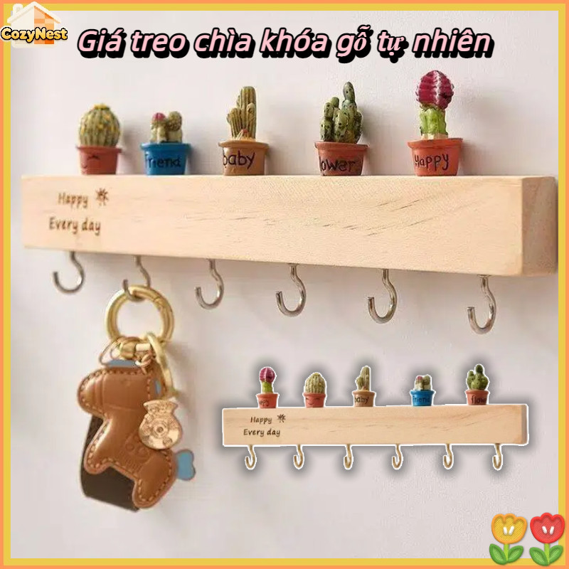 Giá treo chìa khóa gỗ tự nhiên, thiết kế sáng tạo, dán tường không cần khoan, lưu trữ gọn gàng