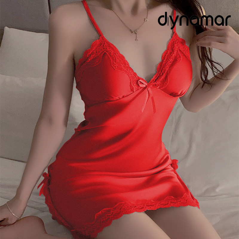 【dynamar】Hàng Có Sẵn-Áo ngủ ren xẻ tà, áo ngủ gợi cảm, bộ đồ ngủ mỏng kèm quần lót Áo ngủ cổ chữ V có dây đeo