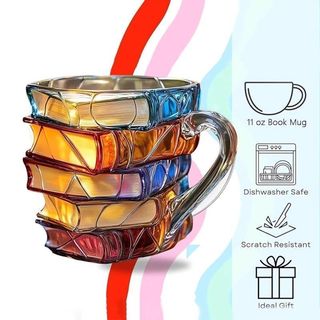 新款高硼硅玻璃杯彩绘书本咖啡杯3D立体杯子堆叠马克杯早餐牛奶杯