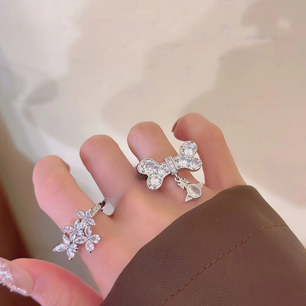 Nhẫn nữ thời trang khảm zircon xương bướm và Sao Thổ, thiết kế đa năng và có thể điều chỉnh