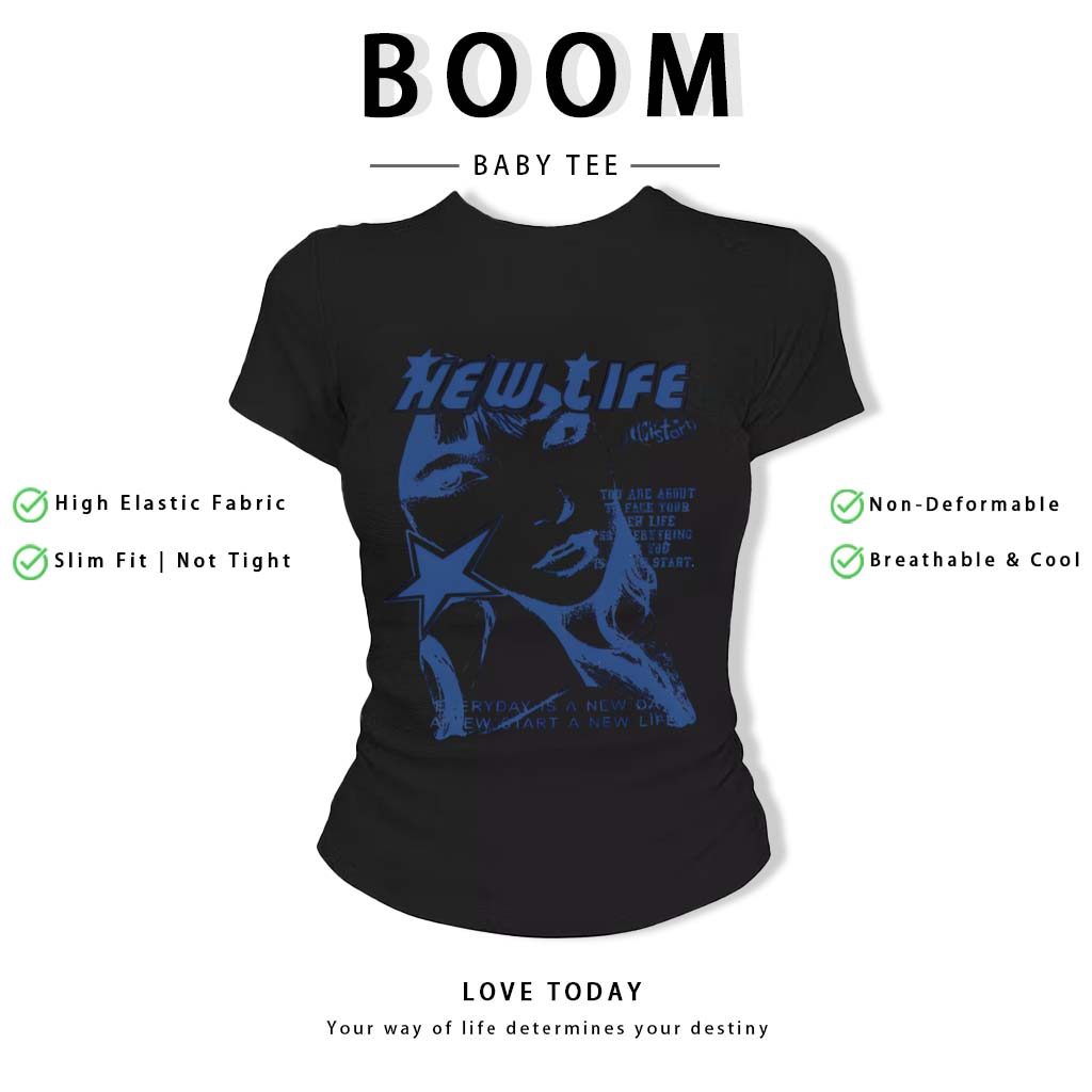 BOOM Áo Baby Tee Nữ Cotton Ôm Body-Áo Thun Ngắn Tay Y2K In Hình PhongCách Mùa Hè, Cổ Tròn Hàng Đầucách hàn quốc phongQ47