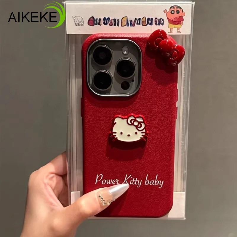 Ốp Điện Thoại Da PU Màu Đỏ Năm Mới Cho Xiaomi 17 15T 15 14T Pro Max Poco C85 C85X C71 5G 4G Vỏ Nơ Kitty 3D Dễ Thương Vỏ Mềm Chống Sốc