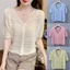 Áo len dệt kim YRBWD, Áo chống nắng mỏng rỗng, Áo khoác ngoài ngắn tay cổ chữ V dành cho nữ