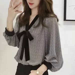 Áo sơ mi cổ chữ V dài tay nữ, thiết kế rộng rãi với chi tiết nơ thời trang