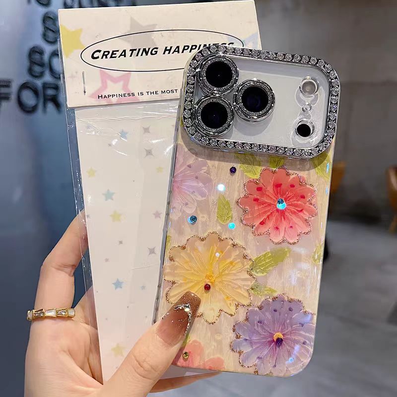 Ốp lưng cứng hình ống kính lấp lánh / Tranh sơn dầu hoa tương thích cho iPhone 13 14 pro max 15 pro max 16 pro max 17 Pro max