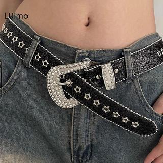 LUImo Y2K Nữ Thời Trang In Hình Chắc Chắn Đính Full Kim Cương Giả Dây Da Pha Lê Có Thể Điều Chỉnh Lấp Lánh Dây Thắt Lưng Cho Câu Lạc Bộ Đảng SBS
