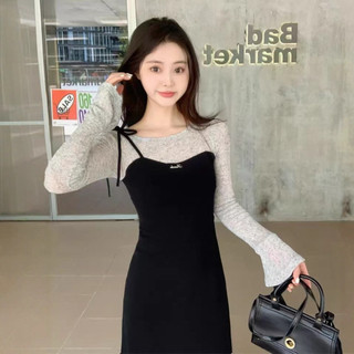 Đầm Dài Tay Dệt Kim Giả Hai Mảnh Kích Cỡ Lớn Đầm Màu Sắc Khối Cho Phụ Nữ Đầm Giảm Cân Mùa Thu