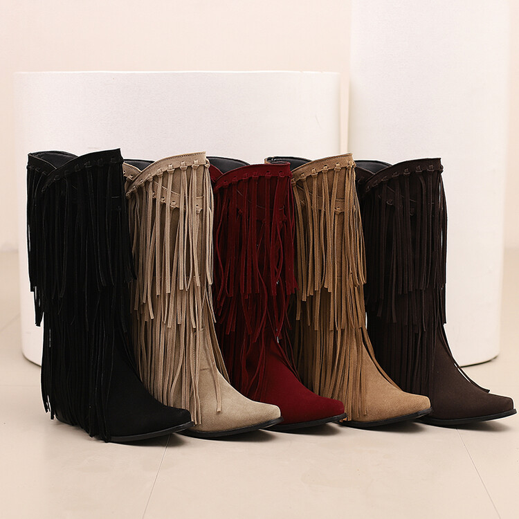 VNAYYYNX34-39 Size Da Lộn Tua Rua Tây Giày Cao Bồi V-Mouth Khối Gót Tay Áo Sàn Catwalk Thời Trang Giả Mẹ Cao Không Thể Đầu Gối