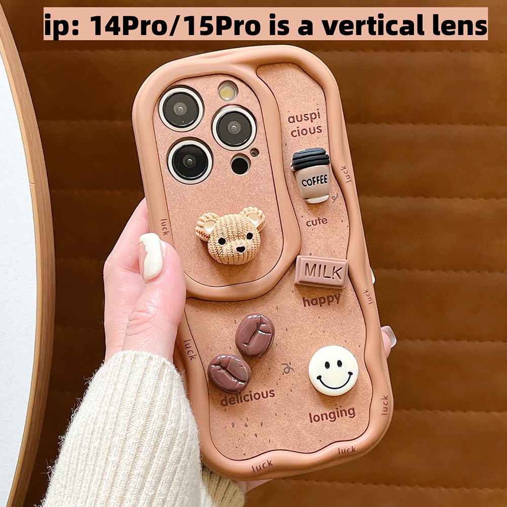 3D Gấu Chó Cà Phê Pizza + Dây Sóng Ốp Lưng Điện Thoại iPhone 17 Pro Max 16 Plus 15 14 13 12 11 Vỏ Bảo Vệ Chống Sốc