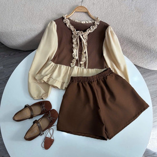 Bộ Đồ Bigsize Nữ Áo Kiểu Babydoll Tay Dài Phối Bèo Tiểu Thư Kèm Quần Đùi Trẻ Trung A336+Q500