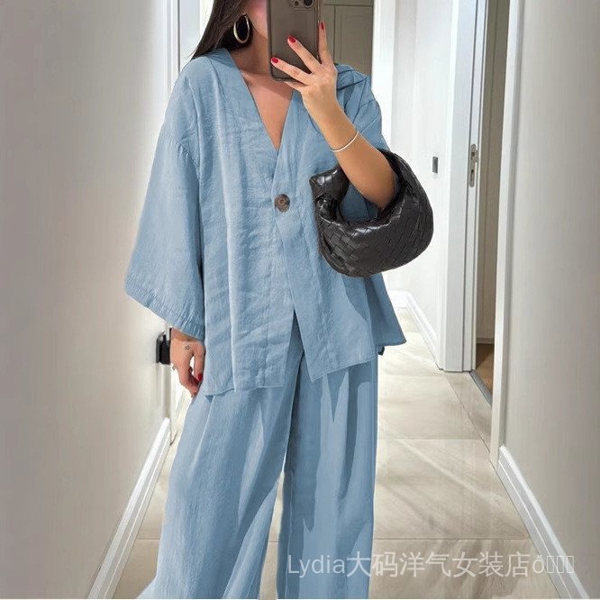 Áo cổ chữ V dáng rộng và quần ống rộng - Thời trang nữ cao cấp, kích thước lớn