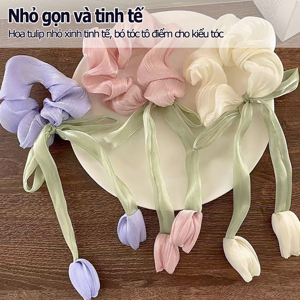Hoa Tulip Scrunchies Dây Buộc Tóc Cho Nữ Cô Gái Satin Tóc Dây Cao Su Đàn Organ Phụ Kiện Tóc Hàn Quốc Có Treo