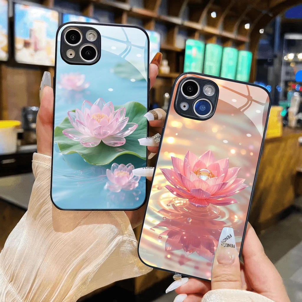 Ốp lưng kính nước hoa sen hồng trên hồ cho iPhone 17 16 15 14 13 12 11 8 7 6 6s 6p 7p 8p 6g 7g 8g 16e Pro Max XR XS xsmax Plus Air Promax mini Lady Case điện thoại Ốp lưng