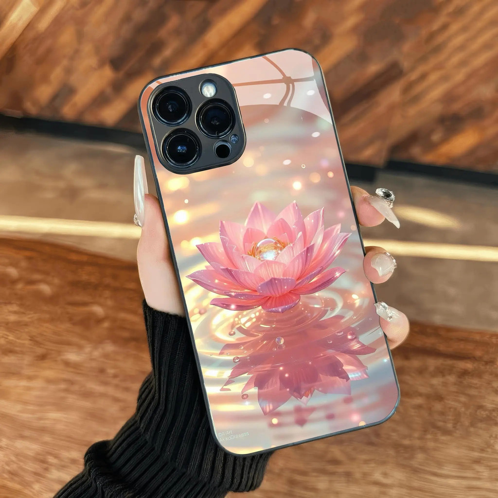Ốp lưng kính nước hoa sen hồng trên hồ cho iPhone 17 16 15 14 13 12 11 8 7 6 6s 6p 7p 8p 6g 7g 8g 16e Pro Max XR XS xsmax Plus Air Promax mini Lady Case điện thoại Ốp lưng