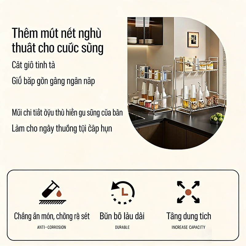 Kệ Để Đồ Đa Năng 2 Tầng Bằng Inox - Đựng Gia Vị & Dụng Cụ Bếp, Thiết Kế Thoáng, Dễ Lau Chùi, Giúp Gian Bếp Ngăn Nắp
