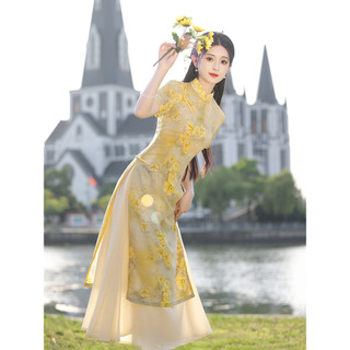Áo dài sườn xám màu vàng, phong cách mùa hè mới, trẻ trung và thanh lịch, cao cấp và cải tiến