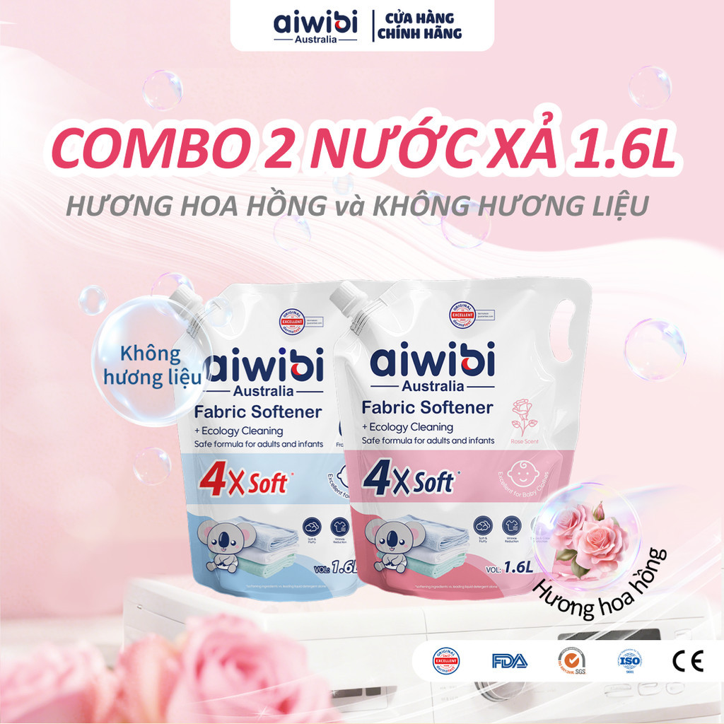 [Combo 2] Nước Xả Vải Aiwibi Cho Quần Áo Mềm Mại, Dịu Nhẹ - Hương Hoa Hồng & Không Hương Liệu (1600ml)