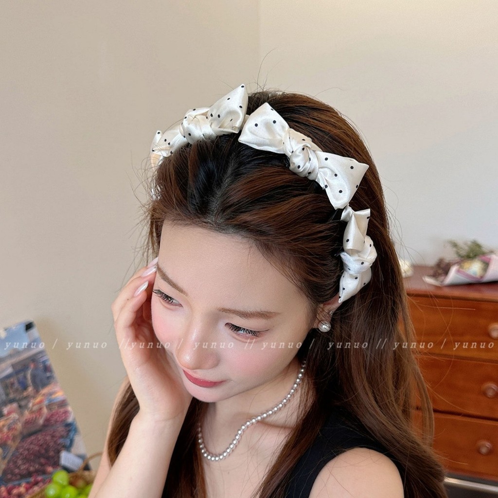 Satin Polka Dot Bow Headband Nữ Chống Trơn Trượt Tóc Vòng
