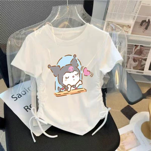 Áo trẻ em cổ tròn tay ngắn in họa tiết hoạt hình Kuromi dành cho bé gái