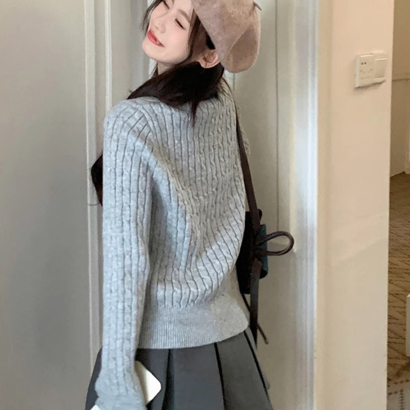 【dynamar】Áo Len Nữ Dệt Kim, Áo Sweater Dệt Kim Vặn Xoắn, Áo Len Cổ Tròn Tay Dài Màu Trơn Hàng Loại