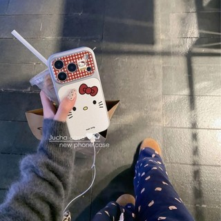 Phim hoạt hình dễ thương Kẻ sọc đỏ Nơ Hellokitty Vỏ điện thoại da trắng mạ điện cho iPhone 17Promax 17Pro 12 13 14 15 16 Pro Max 11 Vỏ di động nữ chống sốc