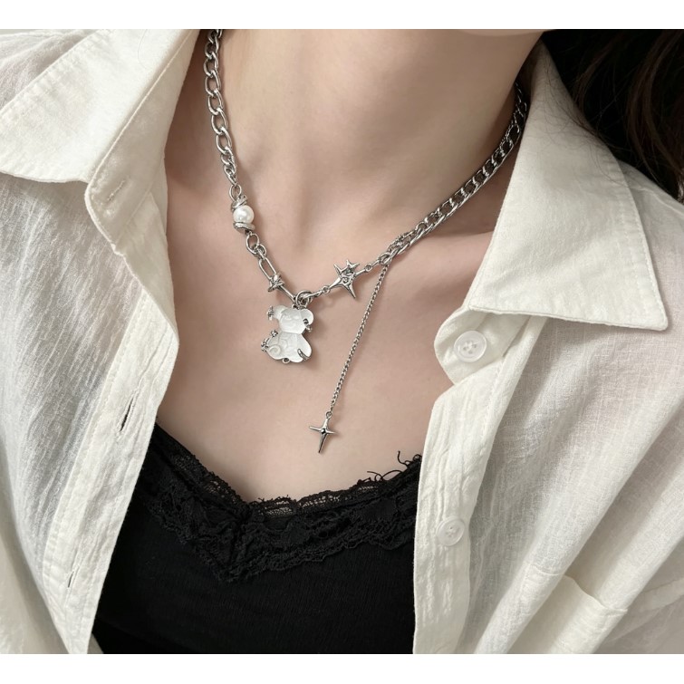 Dây chuyền thời trang hình gấu trắng và ngôi sao, phù hợp cho nữ