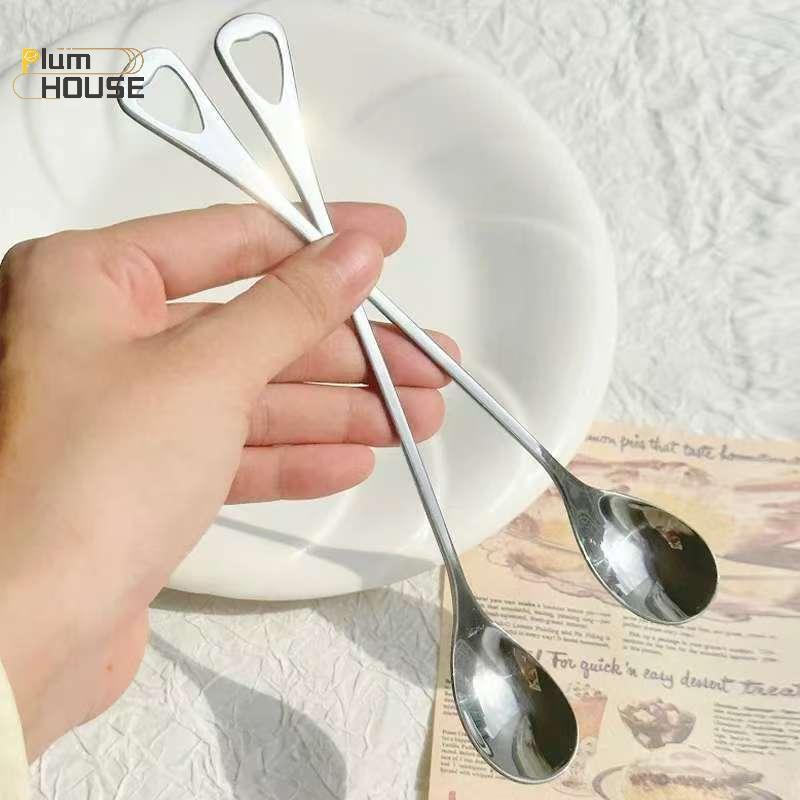 PlumHOUSE 2 Chiếc Thìa Cà Phê Bằng Thép Không Gỉ Tay Cầm Dài Kem Món Tráng Miệng Thìa Trà Cho Dã Ngoại Drinkware Bộ Đồ Ăn Nhà Bếp Cung Cấp VN