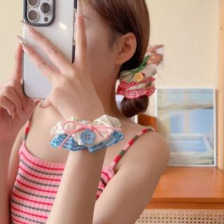 Meowu Cột tóc scrunchies nút nơ phối bèo caro