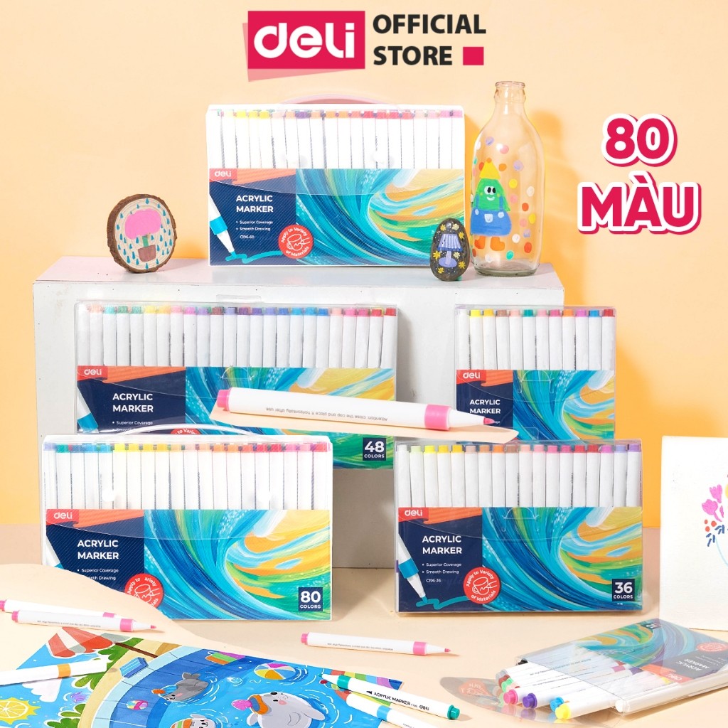 [MUA 3 GIẢM 30%] Bút Sơn Acrylic Marker 80 Màu Deli Cao Cấp Màu Tươi Sáng Vẽ Trên Mọi Chất Liệu Chồng Màu Được