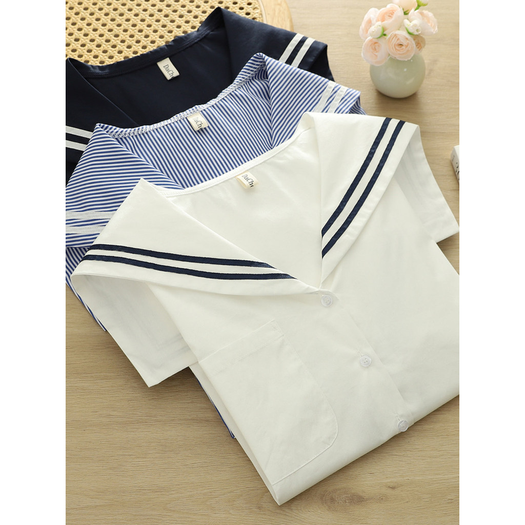 [Hàng có sẵn] Áo sơ mi nữ cotton, cổ bèo phong cách trẻ trung