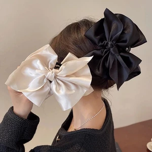Đen Satin Kẹp Tóc Với Nơ Lớn, Chất Liệu Vải Cá Mập, Phụ Kiện Stylist Cho Nữ