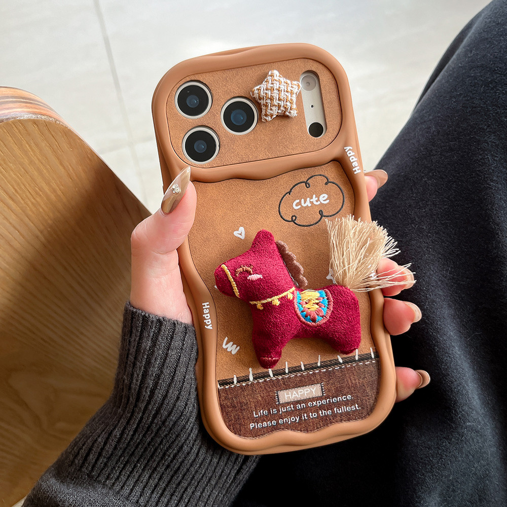 Ốp Điện Thoại Sóng 3D Ngựa Đỏ + Dây Buộc Cho iPhone 17 Pro Max 16 Plus 15 14 13 Vỏ Bảo Vệ Chống Sốc
