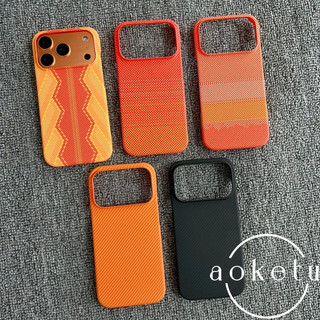 Thích hợp cho vỏ điện thoại iPhone 17 Pro hút từ tính họa tiết Kevlar sọc cam Apple 16 / 15 / 14 / 13 / 12 Vỏ bảo vệ siêu mỏng mờ